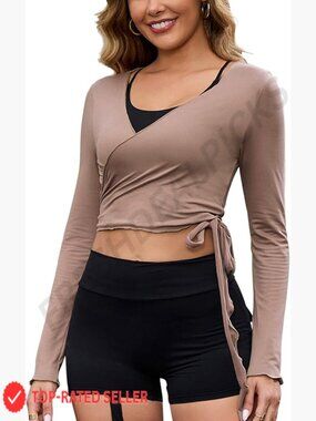 Ballet Wrap Top Yoga Long Sleeve Tie Shirt Y2K Dance Pilates Tops Women